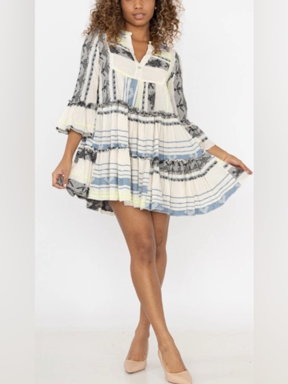 Sofia Made in Italy "Tori" Tiered Jacquard Cotton Mini Dress w/ Bell Sleeves